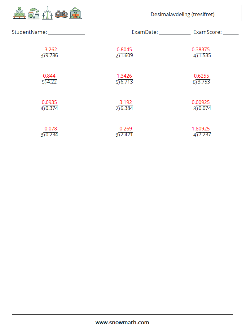 (12) Desimalavdeling (tresifret) MathWorksheets 16 QuestionAnswer