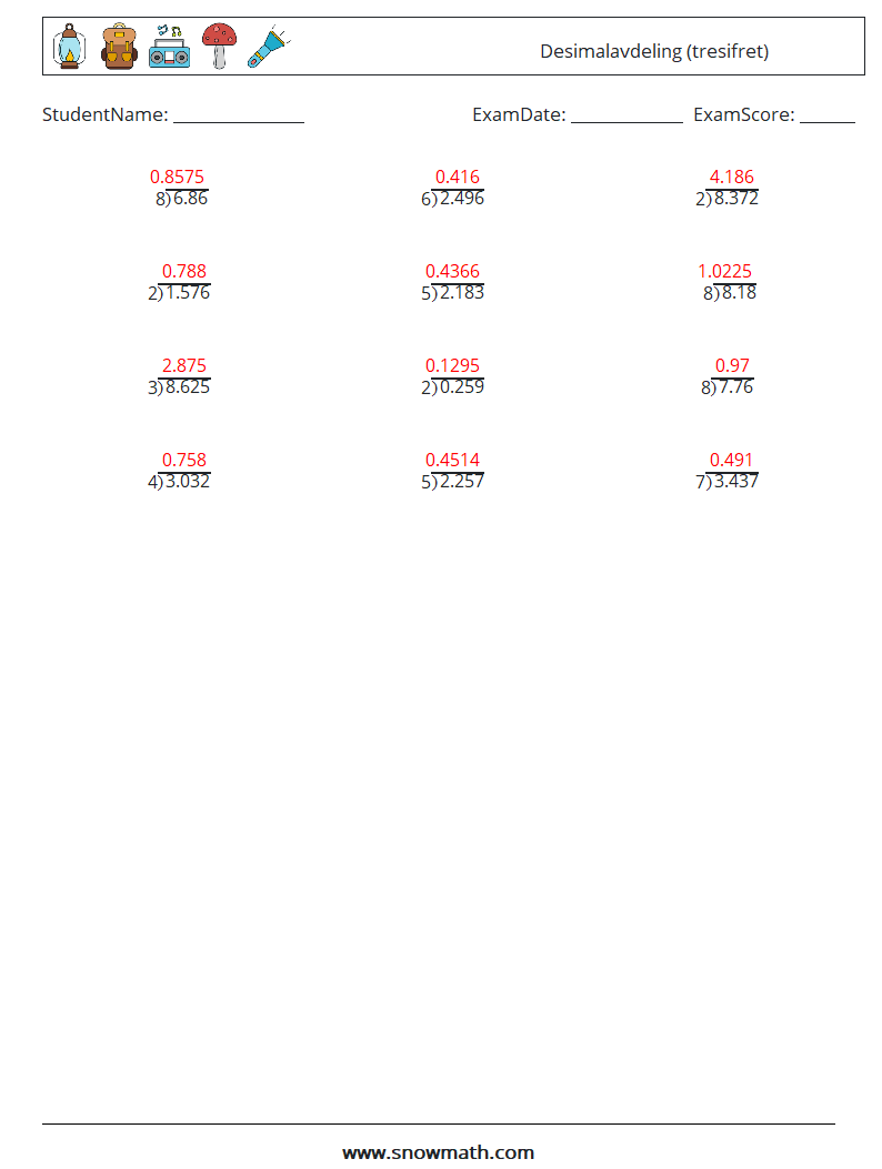 (12) Desimalavdeling (tresifret) MathWorksheets 17 QuestionAnswer