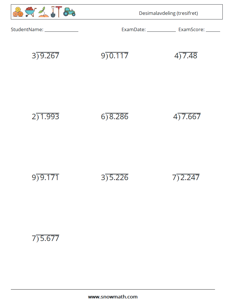 (12) Desimalavdeling (tresifret) MathWorksheets 18