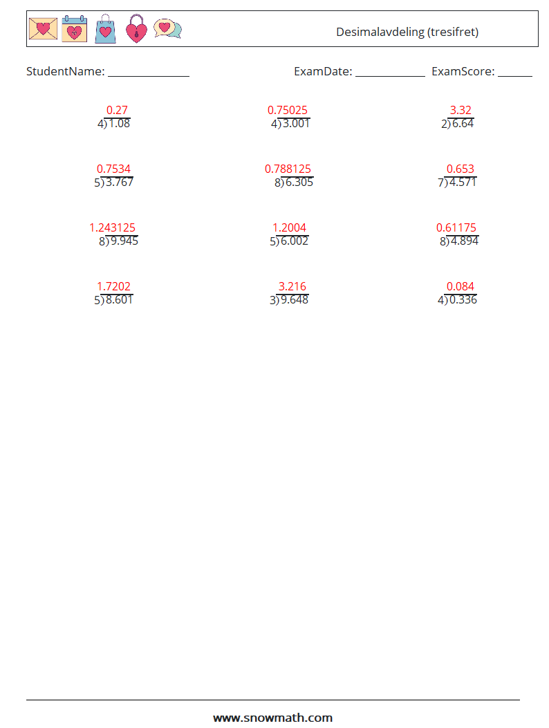 (12) Desimalavdeling (tresifret) MathWorksheets 1 QuestionAnswer