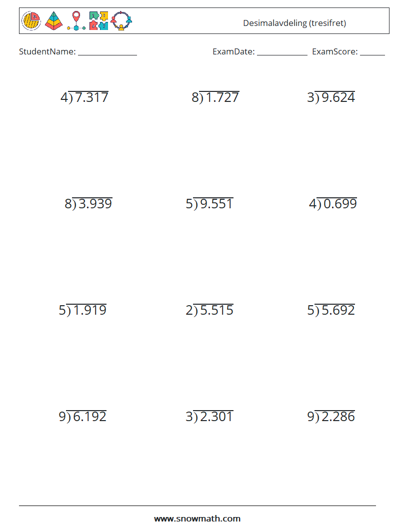 (12) Desimalavdeling (tresifret) MathWorksheets 3