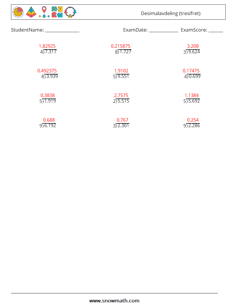 (12) Desimalavdeling (tresifret) MathWorksheets 3 QuestionAnswer