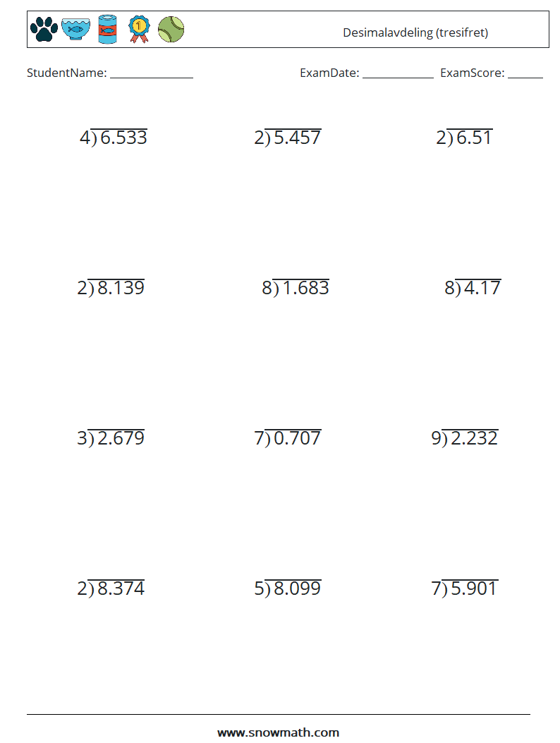 (12) Desimalavdeling (tresifret) MathWorksheets 5