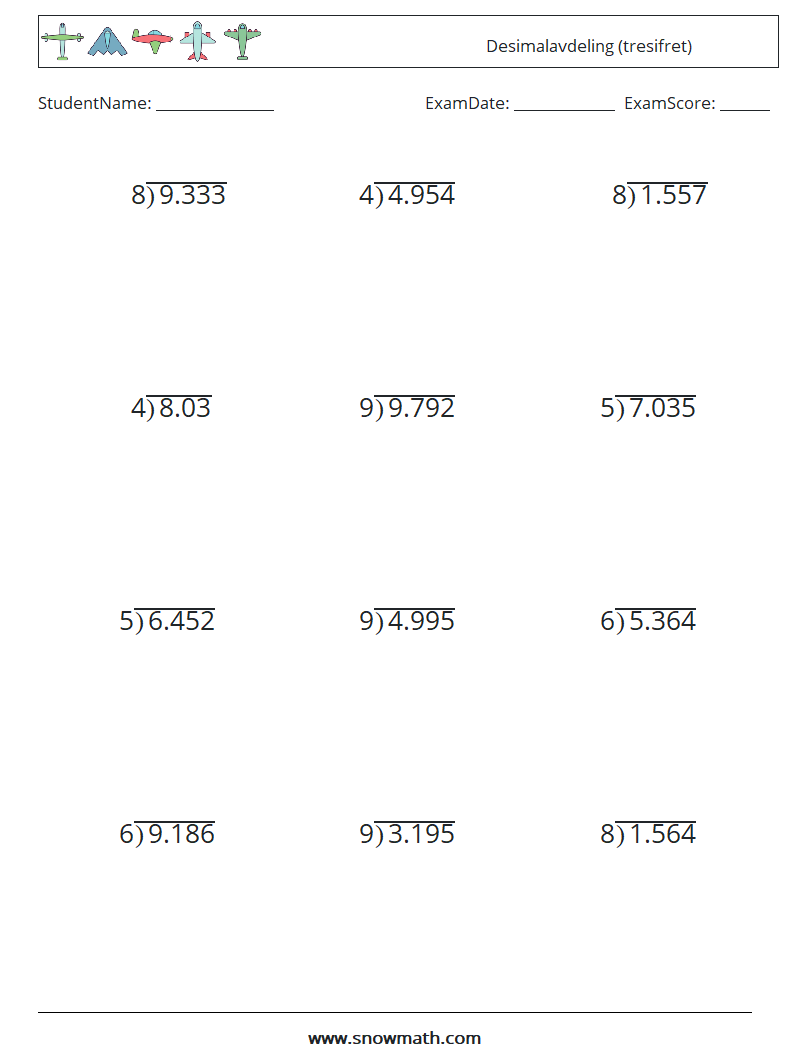 (12) Desimalavdeling (tresifret) MathWorksheets 6