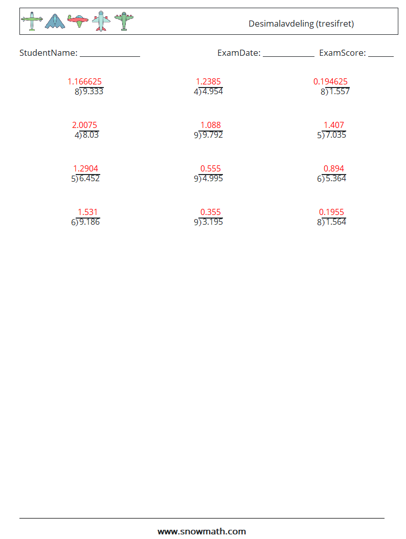 (12) Desimalavdeling (tresifret) MathWorksheets 6 QuestionAnswer