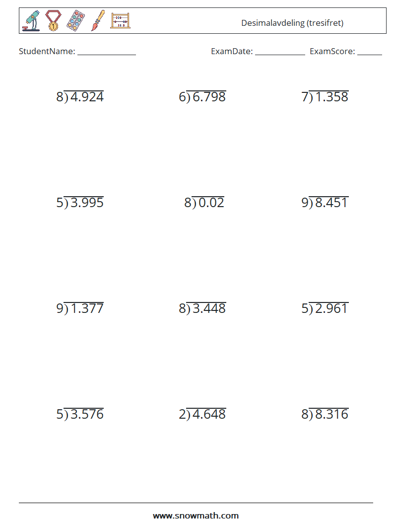 (12) Desimalavdeling (tresifret) MathWorksheets 7