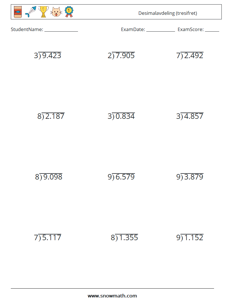 (12) Desimalavdeling (tresifret) MathWorksheets 9