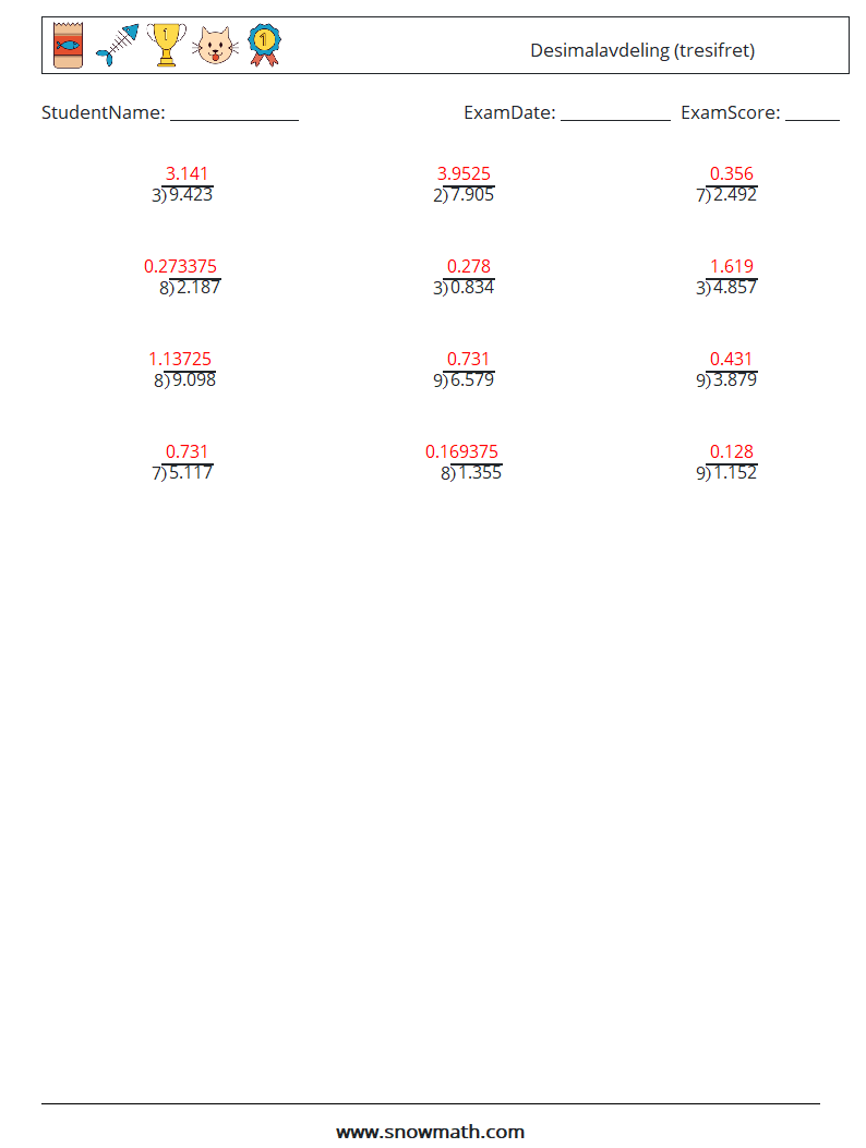 (12) Desimalavdeling (tresifret) MathWorksheets 9 QuestionAnswer