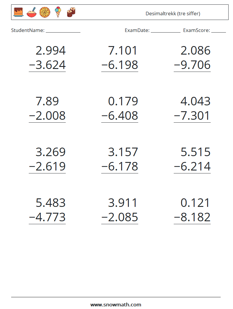 (12) Desimaltrekk (tre siffer) MathWorksheets 10