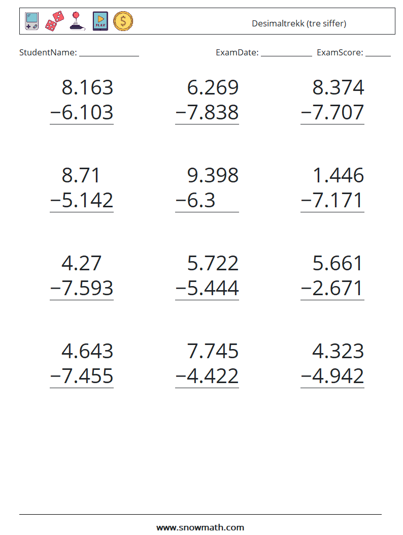 (12) Desimaltrekk (tre siffer) MathWorksheets 12