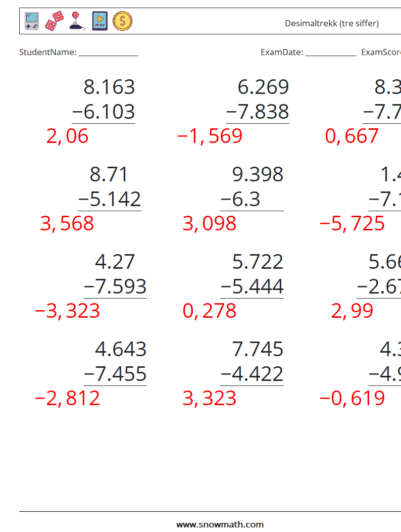 (12) Desimaltrekk (tre siffer) MathWorksheets 12 QuestionAnswer