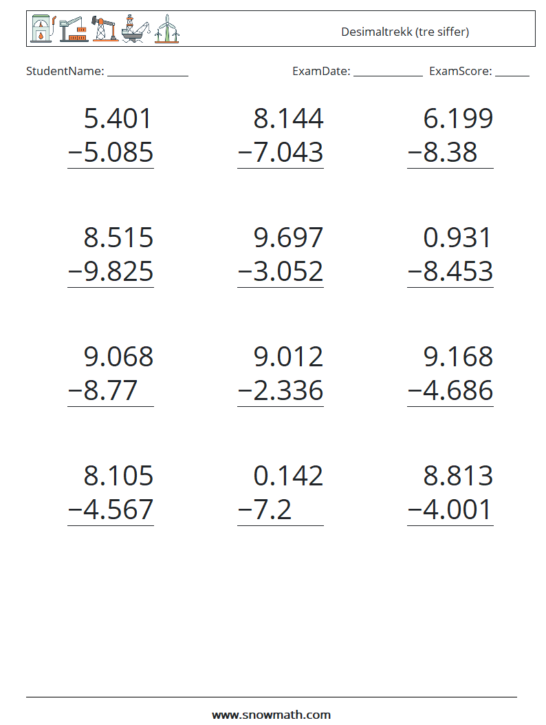 (12) Desimaltrekk (tre siffer) MathWorksheets 13