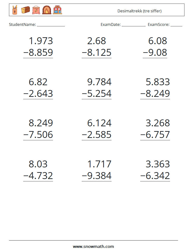 (12) Desimaltrekk (tre siffer) MathWorksheets 14