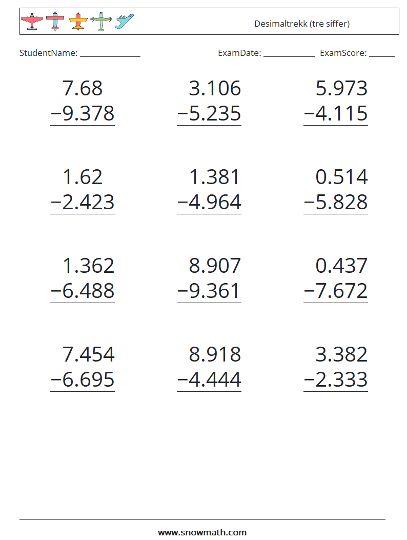 (12) Desimaltrekk (tre siffer) MathWorksheets 16