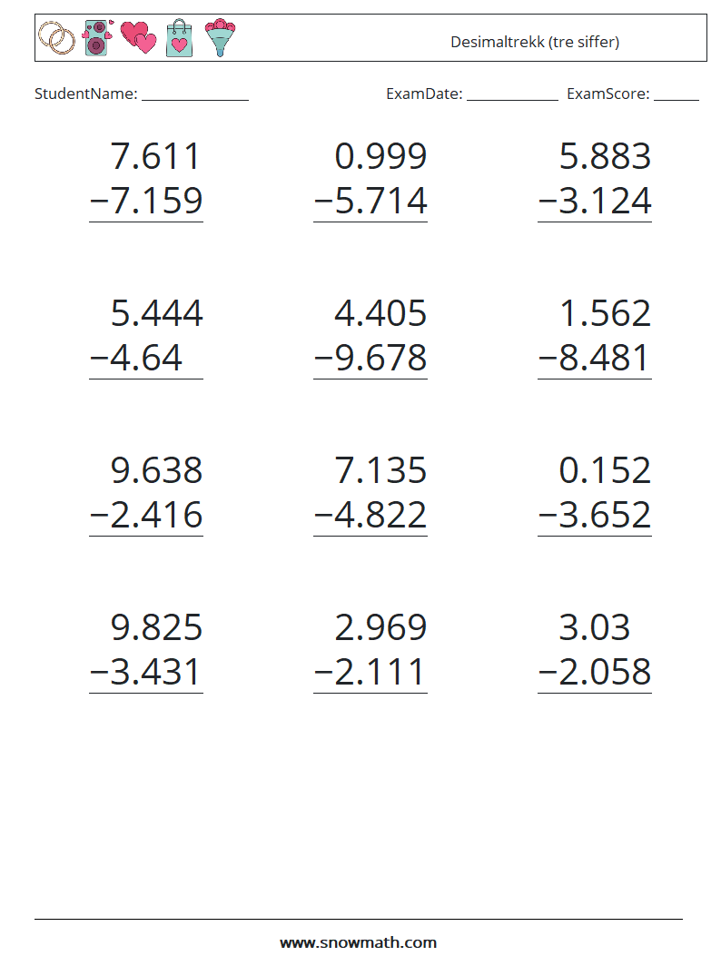 (12) Desimaltrekk (tre siffer) MathWorksheets 17