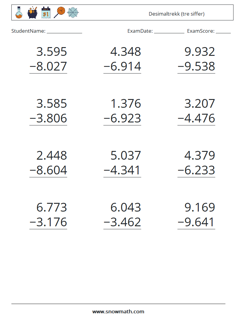 (12) Desimaltrekk (tre siffer) MathWorksheets 18