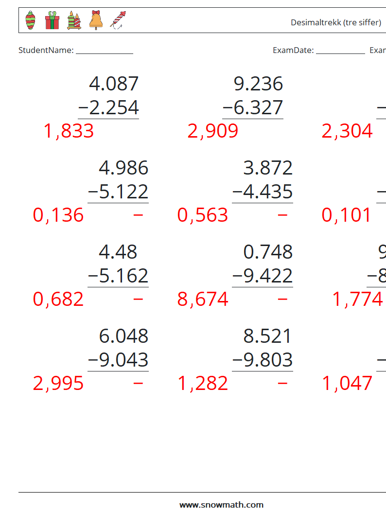 (12) Desimaltrekk (tre siffer) MathWorksheets 1 QuestionAnswer