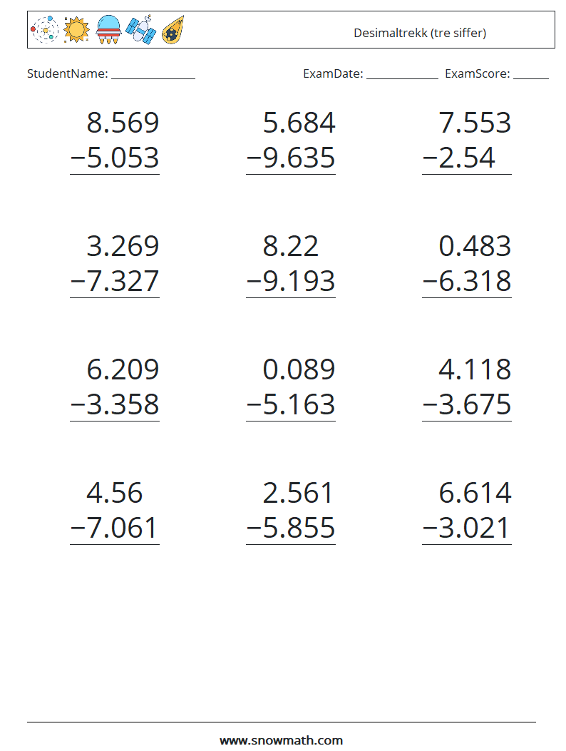 (12) Desimaltrekk (tre siffer) MathWorksheets 2