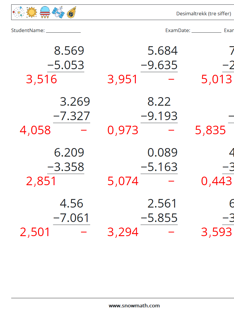 (12) Desimaltrekk (tre siffer) MathWorksheets 2 QuestionAnswer