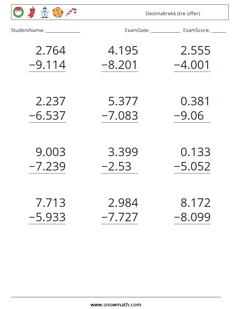 (12) Desimaltrekk (tre siffer) MathWorksheets 4