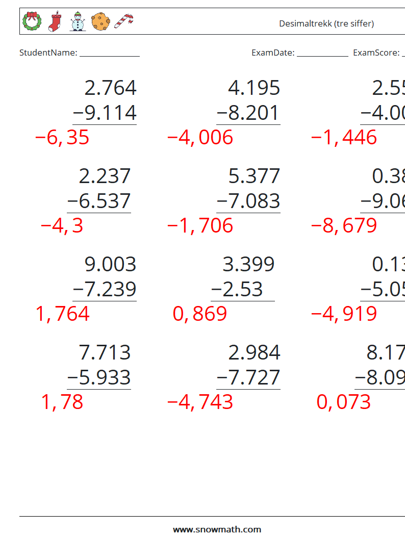 (12) Desimaltrekk (tre siffer) MathWorksheets 4 QuestionAnswer