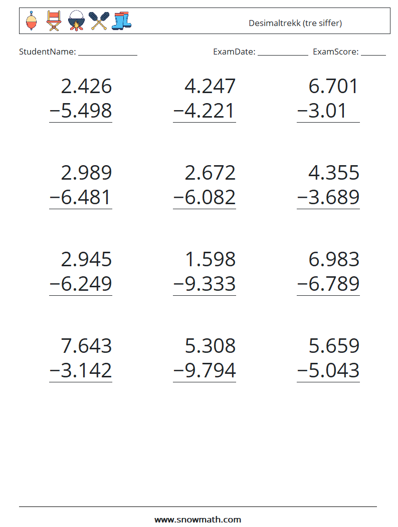 (12) Desimaltrekk (tre siffer) MathWorksheets 5