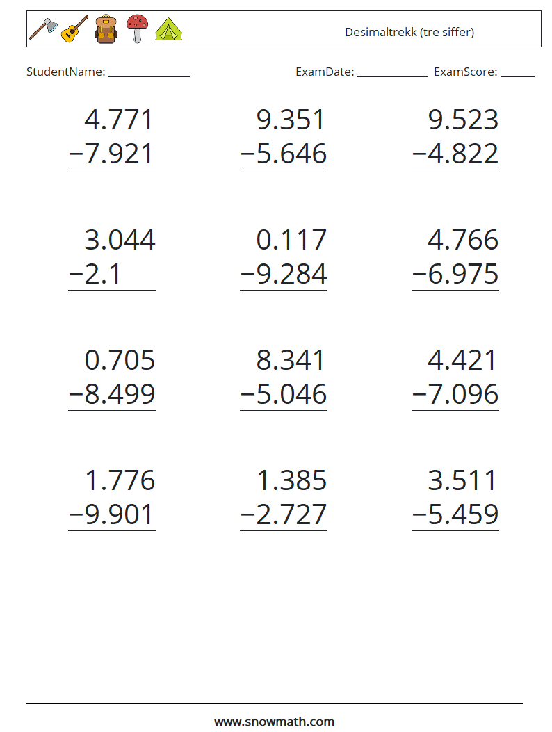 (12) Desimaltrekk (tre siffer) MathWorksheets 6