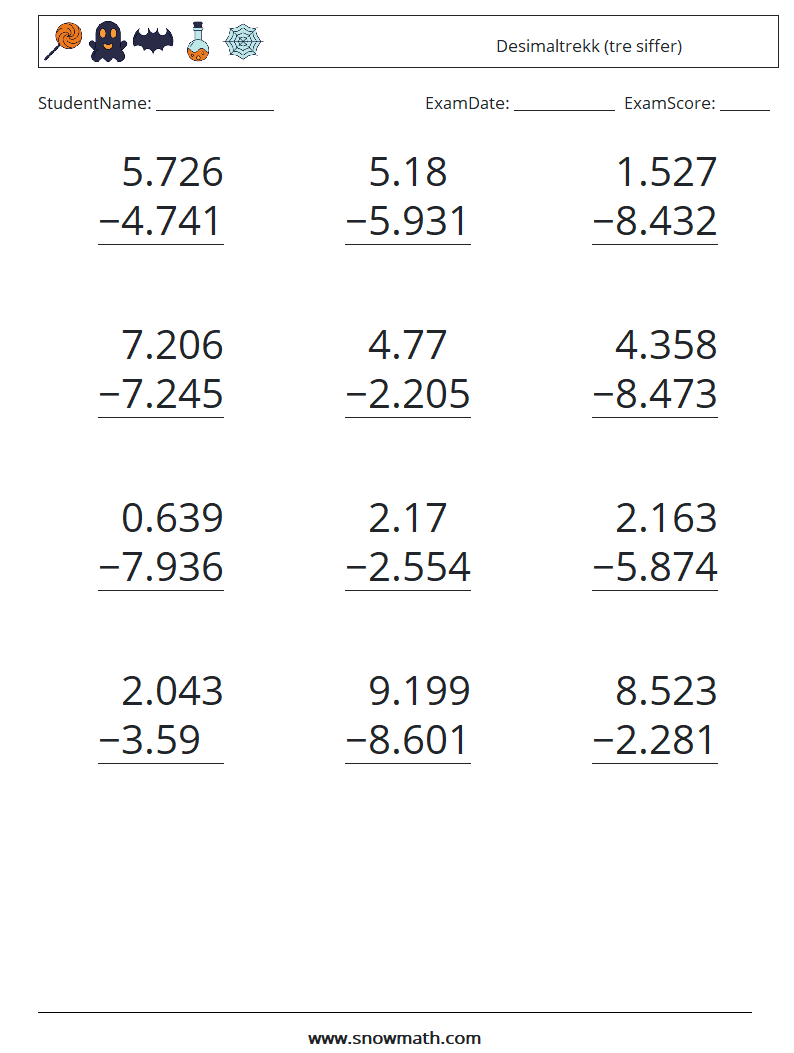 (12) Desimaltrekk (tre siffer) MathWorksheets 7