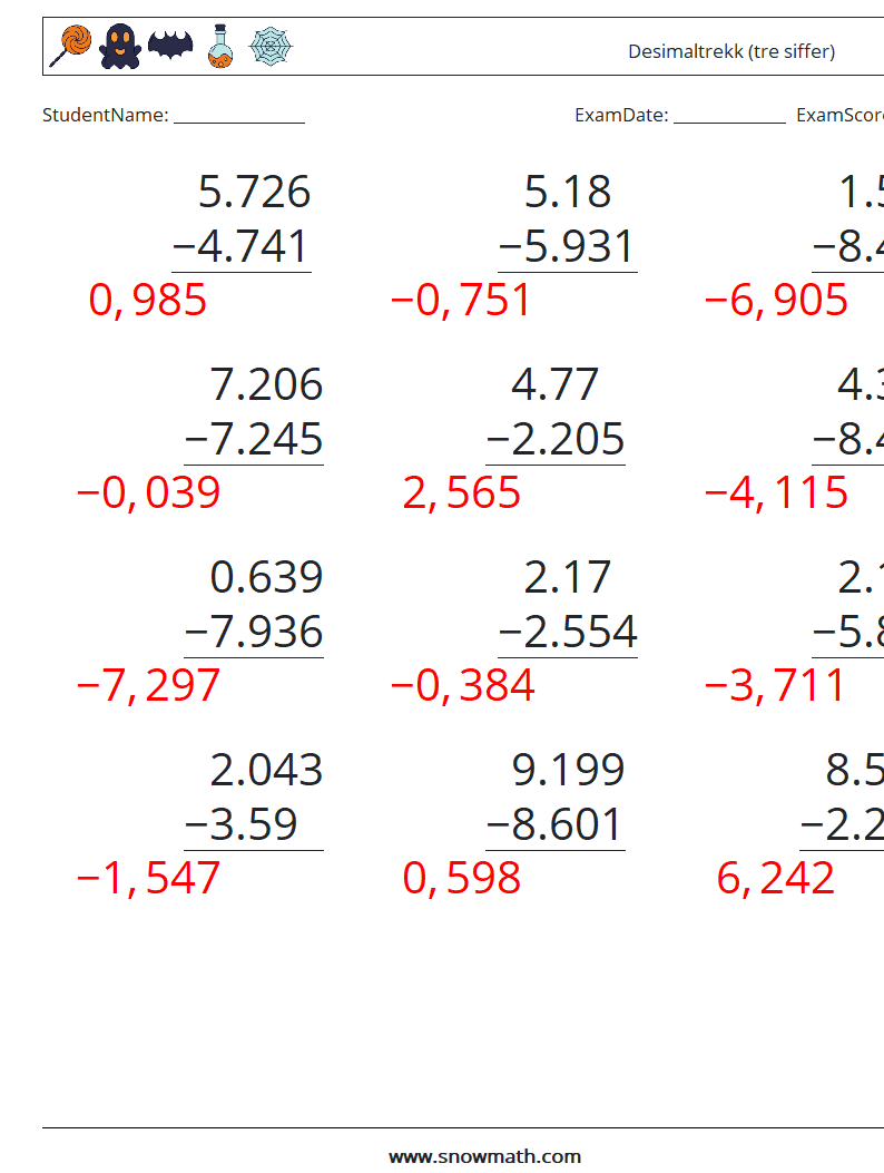 (12) Desimaltrekk (tre siffer) MathWorksheets 7 QuestionAnswer