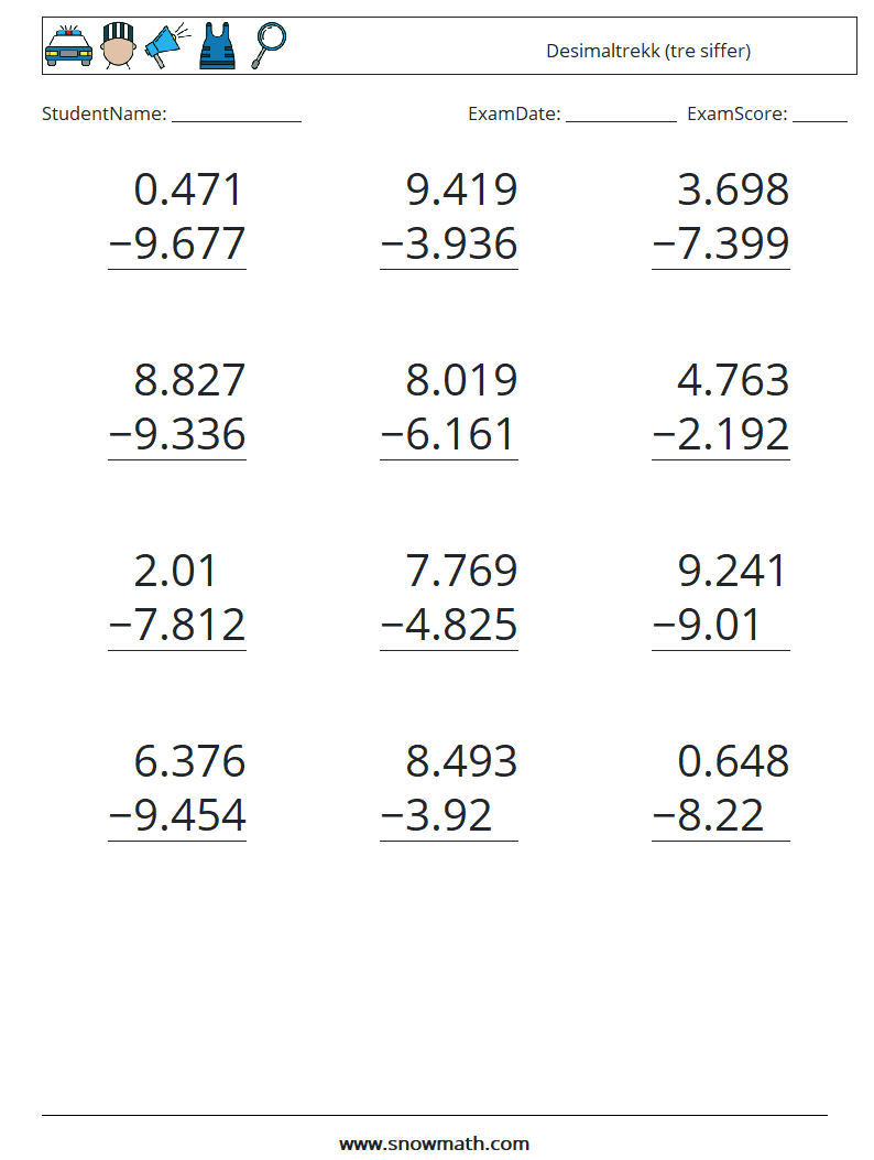 (12) Desimaltrekk (tre siffer) MathWorksheets 8