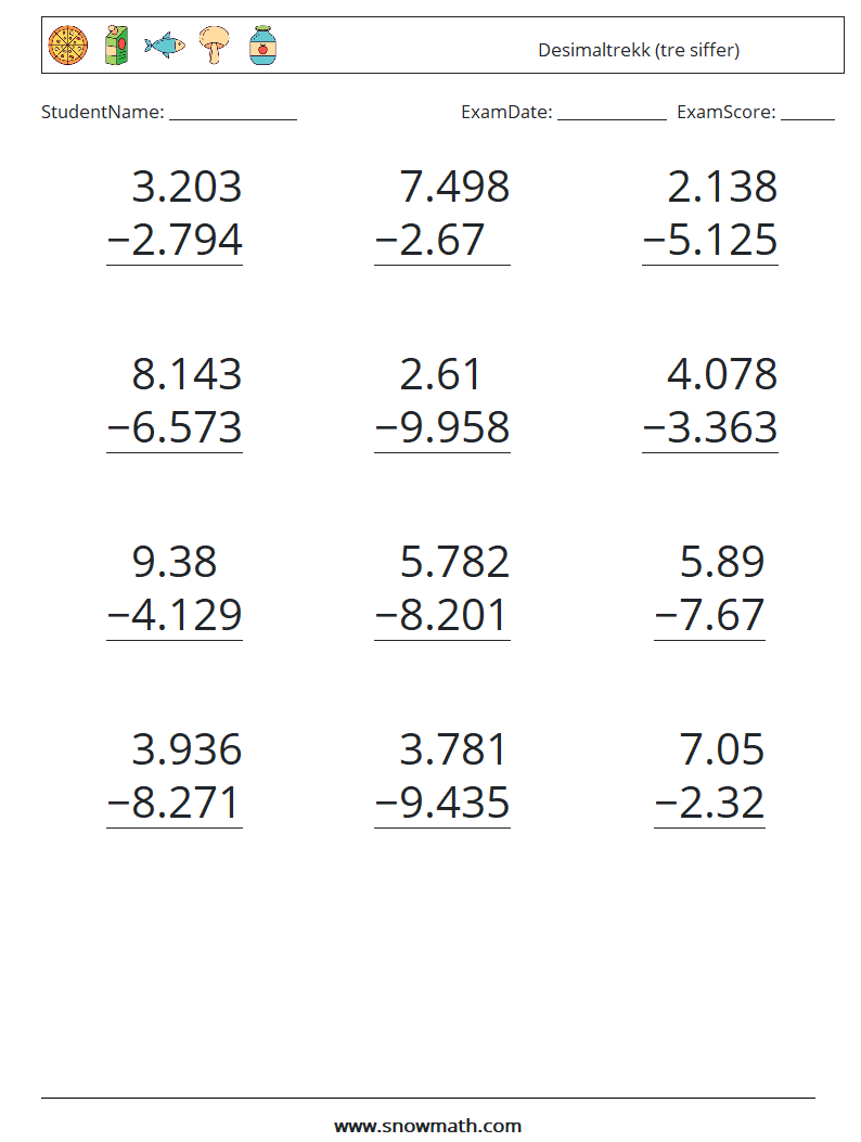 (12) Desimaltrekk (tre siffer) MathWorksheets 9