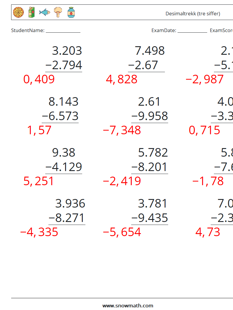 (12) Desimaltrekk (tre siffer) MathWorksheets 9 QuestionAnswer