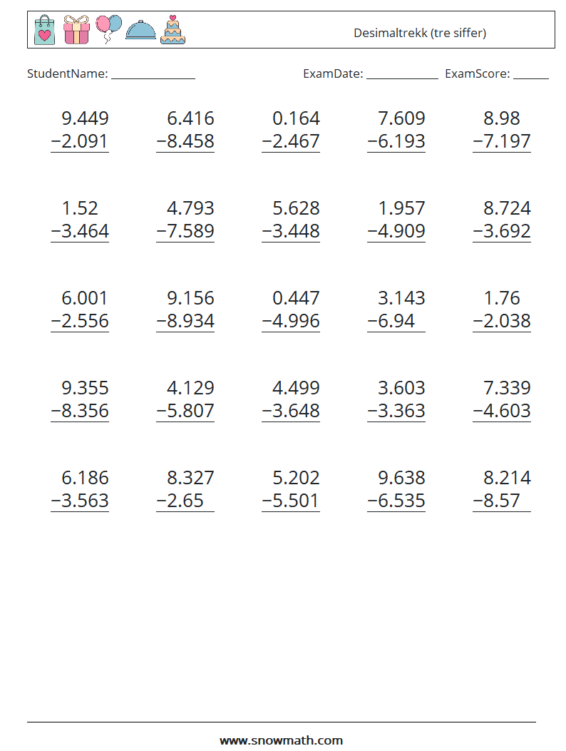 (25) Desimaltrekk (tre siffer) MathWorksheets 1