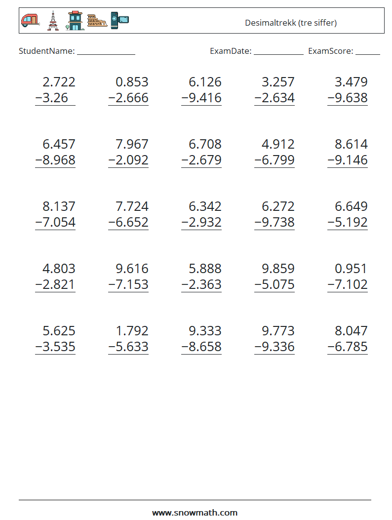 (25) Desimaltrekk (tre siffer) MathWorksheets 10