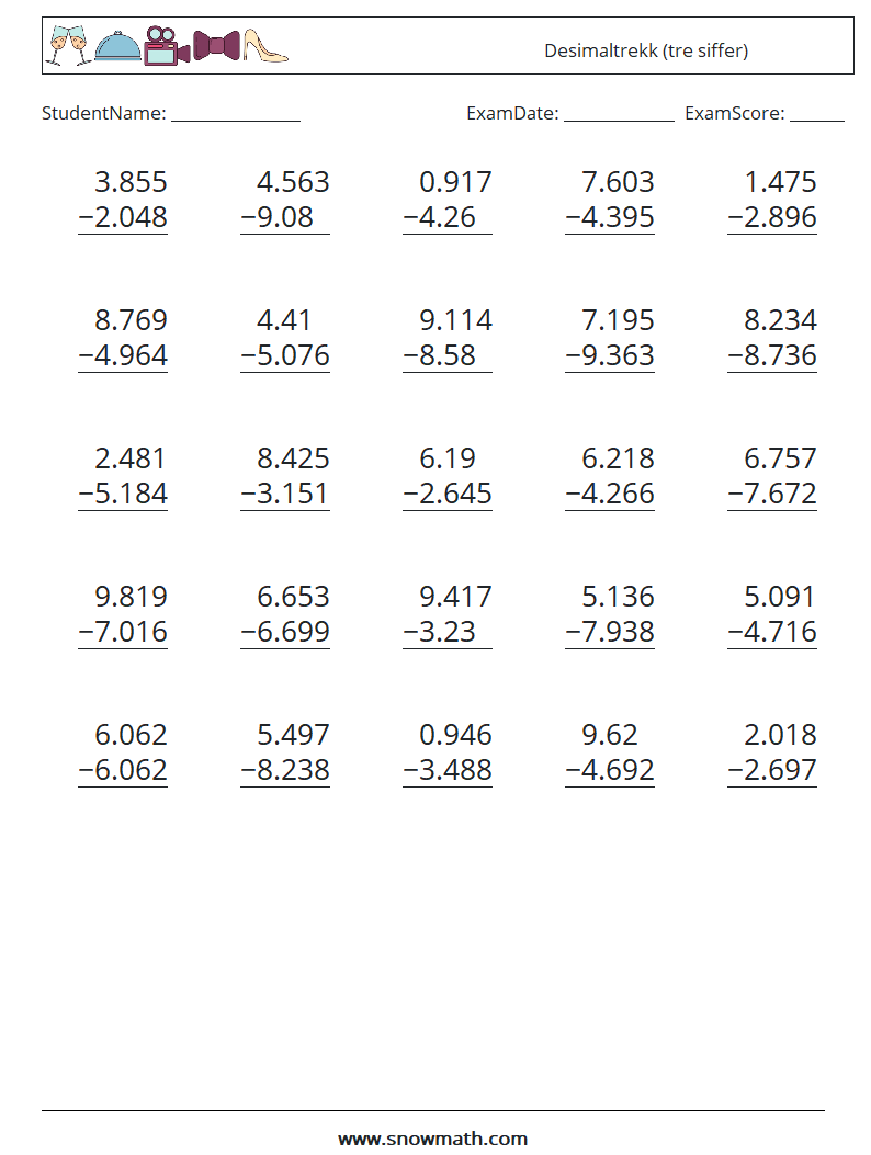 (25) Desimaltrekk (tre siffer) MathWorksheets 11