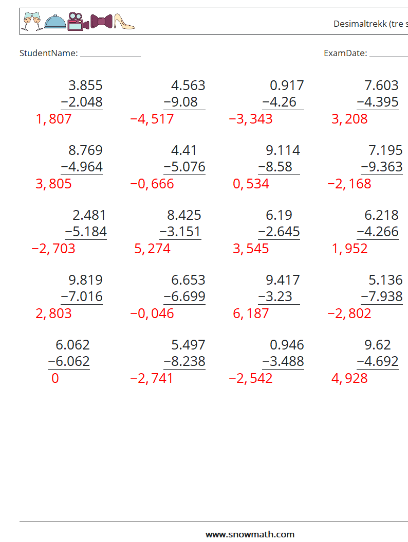 (25) Desimaltrekk (tre siffer) MathWorksheets 11 QuestionAnswer