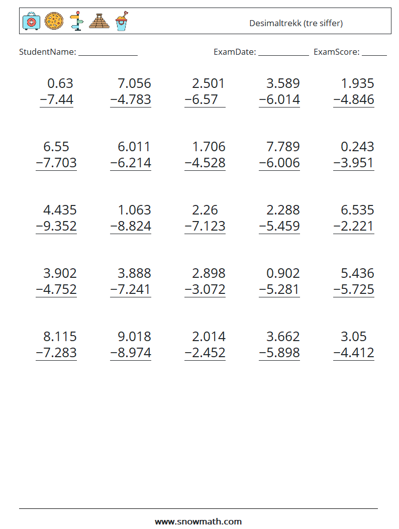 (25) Desimaltrekk (tre siffer) MathWorksheets 12