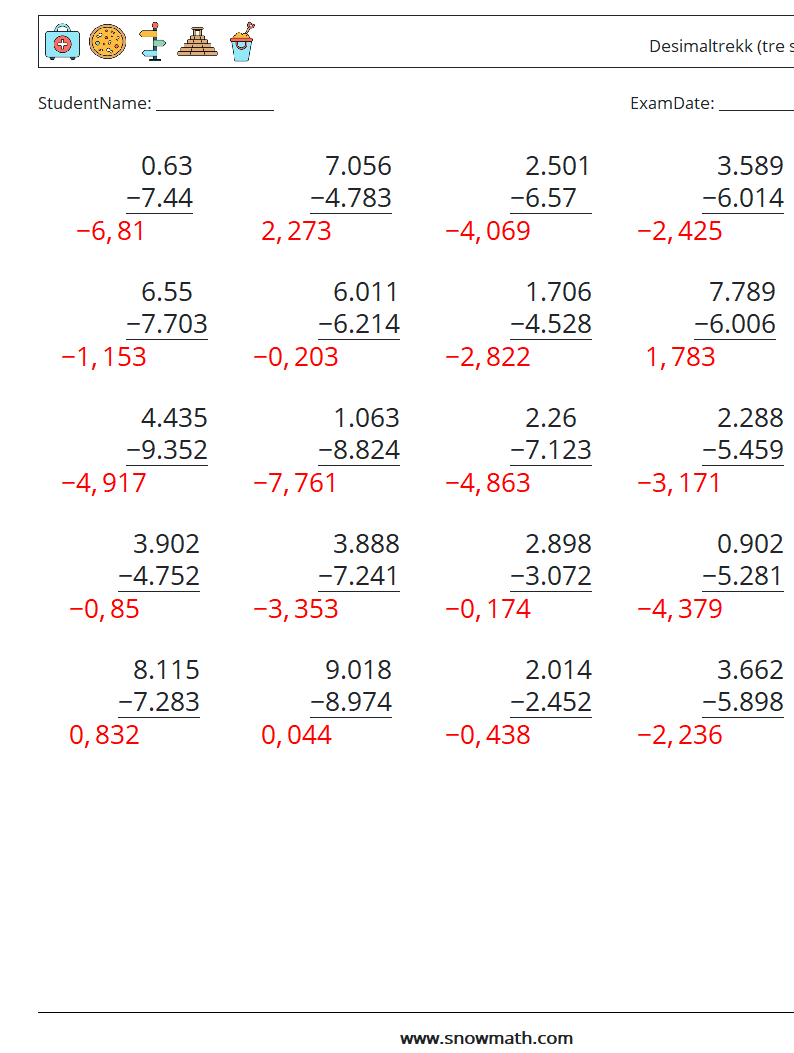 (25) Desimaltrekk (tre siffer) MathWorksheets 12 QuestionAnswer