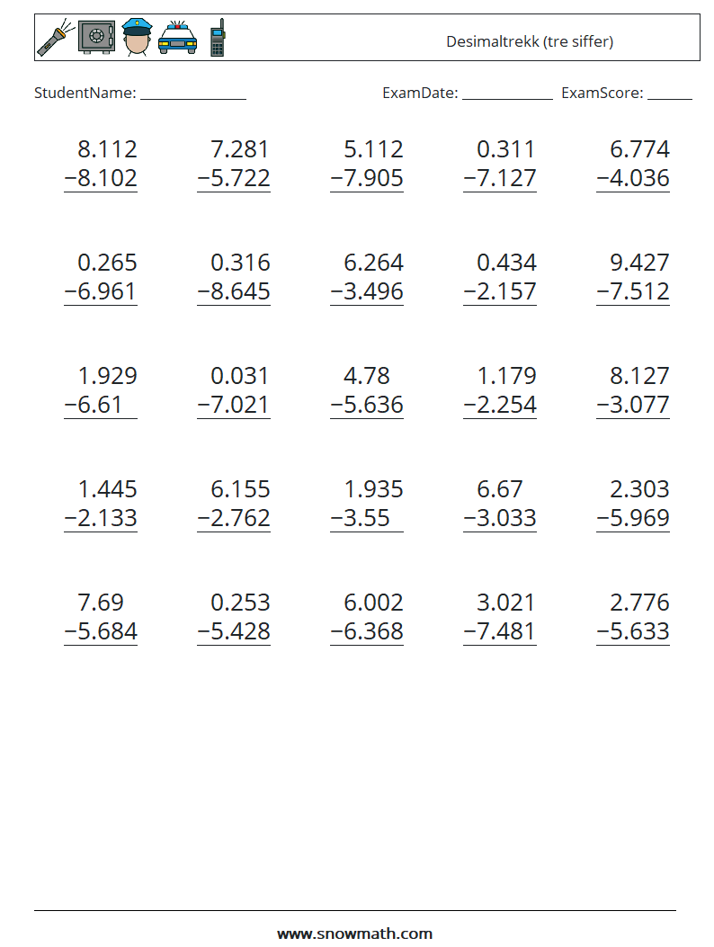 (25) Desimaltrekk (tre siffer) MathWorksheets 13