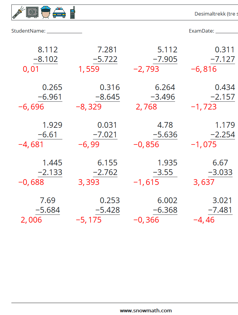 (25) Desimaltrekk (tre siffer) MathWorksheets 13 QuestionAnswer