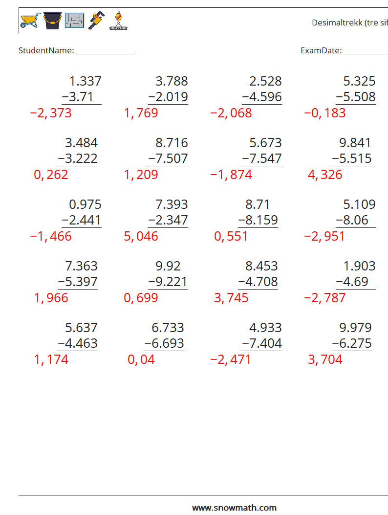 (25) Desimaltrekk (tre siffer) MathWorksheets 14 QuestionAnswer