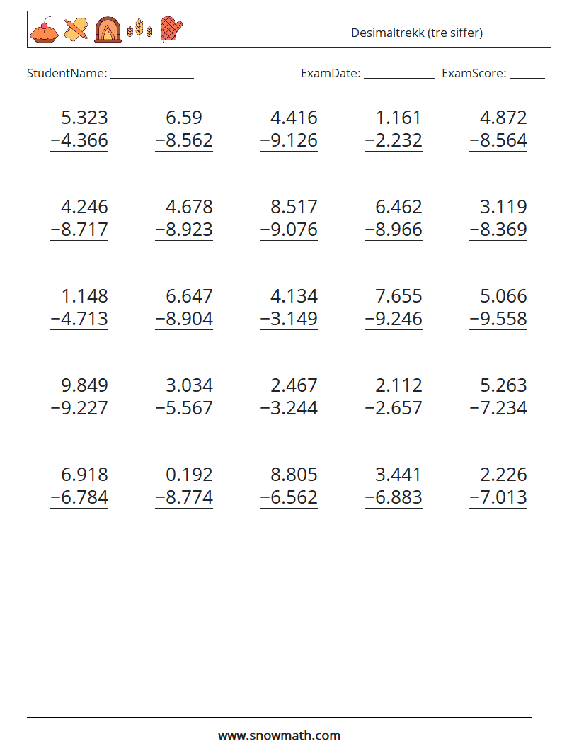 (25) Desimaltrekk (tre siffer) MathWorksheets 15