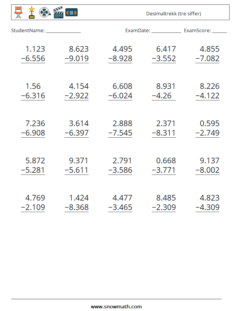 (25) Desimaltrekk (tre siffer) MathWorksheets 16