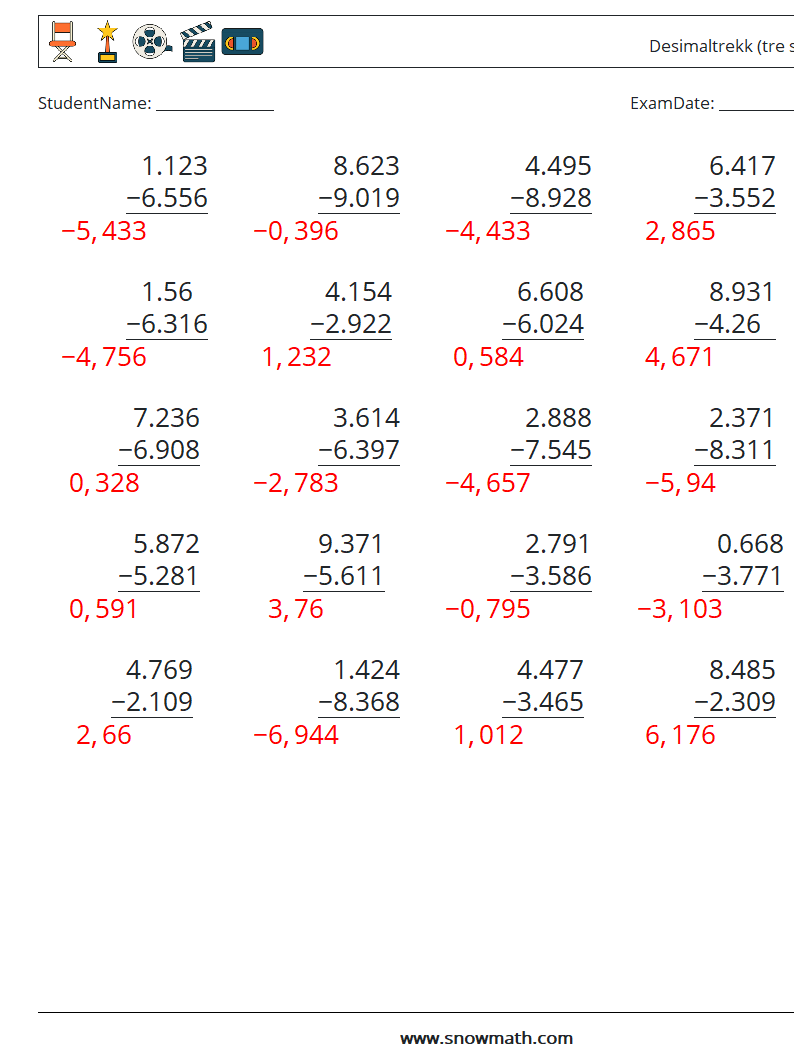 (25) Desimaltrekk (tre siffer) MathWorksheets 16 QuestionAnswer