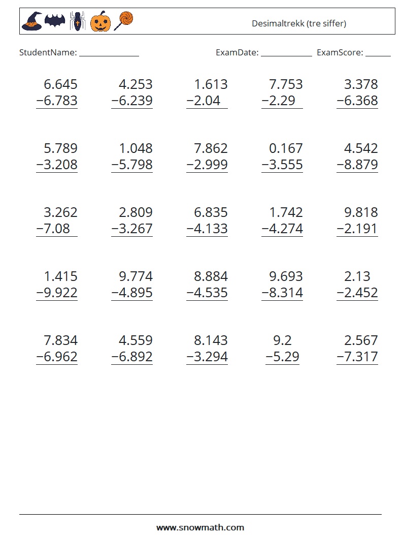 (25) Desimaltrekk (tre siffer) MathWorksheets 17