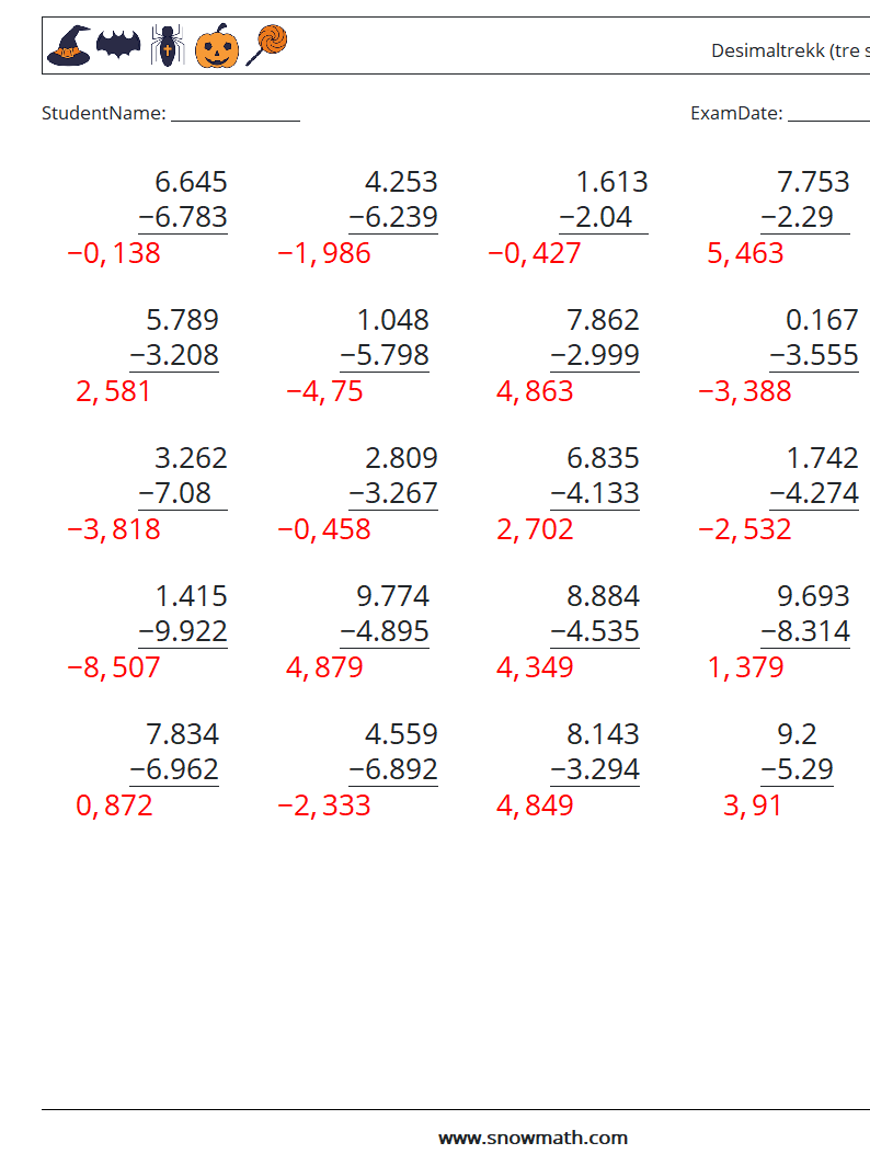 (25) Desimaltrekk (tre siffer) MathWorksheets 17 QuestionAnswer