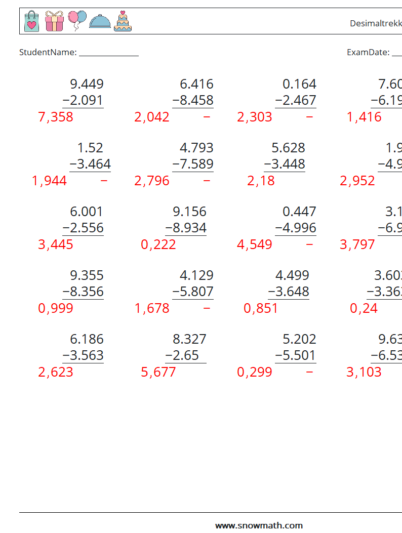 (25) Desimaltrekk (tre siffer) MathWorksheets 1 QuestionAnswer