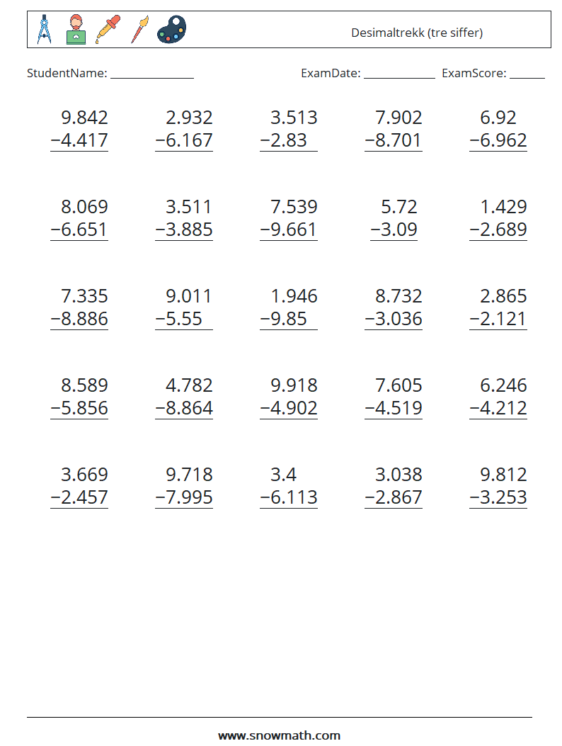 (25) Desimaltrekk (tre siffer) MathWorksheets 2