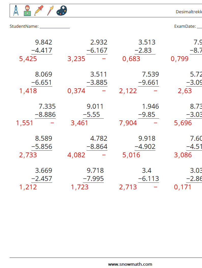 (25) Desimaltrekk (tre siffer) MathWorksheets 2 QuestionAnswer