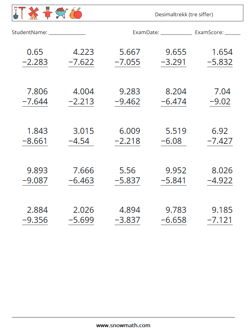 (25) Desimaltrekk (tre siffer) MathWorksheets 3